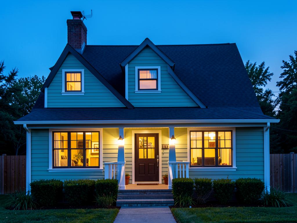 Renovated craftsman home with new roof and siding at blue hour