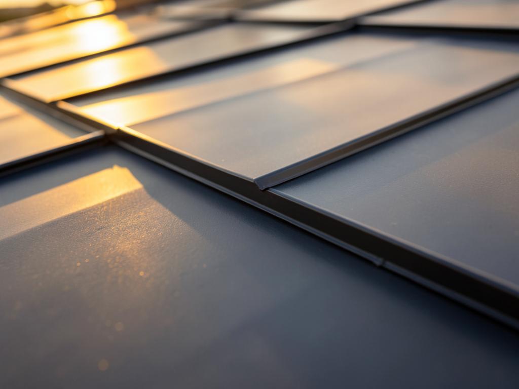 New charcoal standing-seam metal roof panels at golden hour