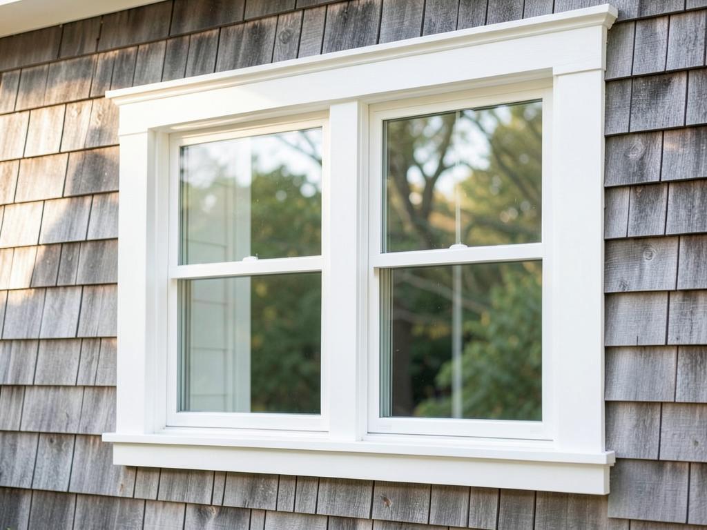 New double-hung window with white trim on a clapboard home